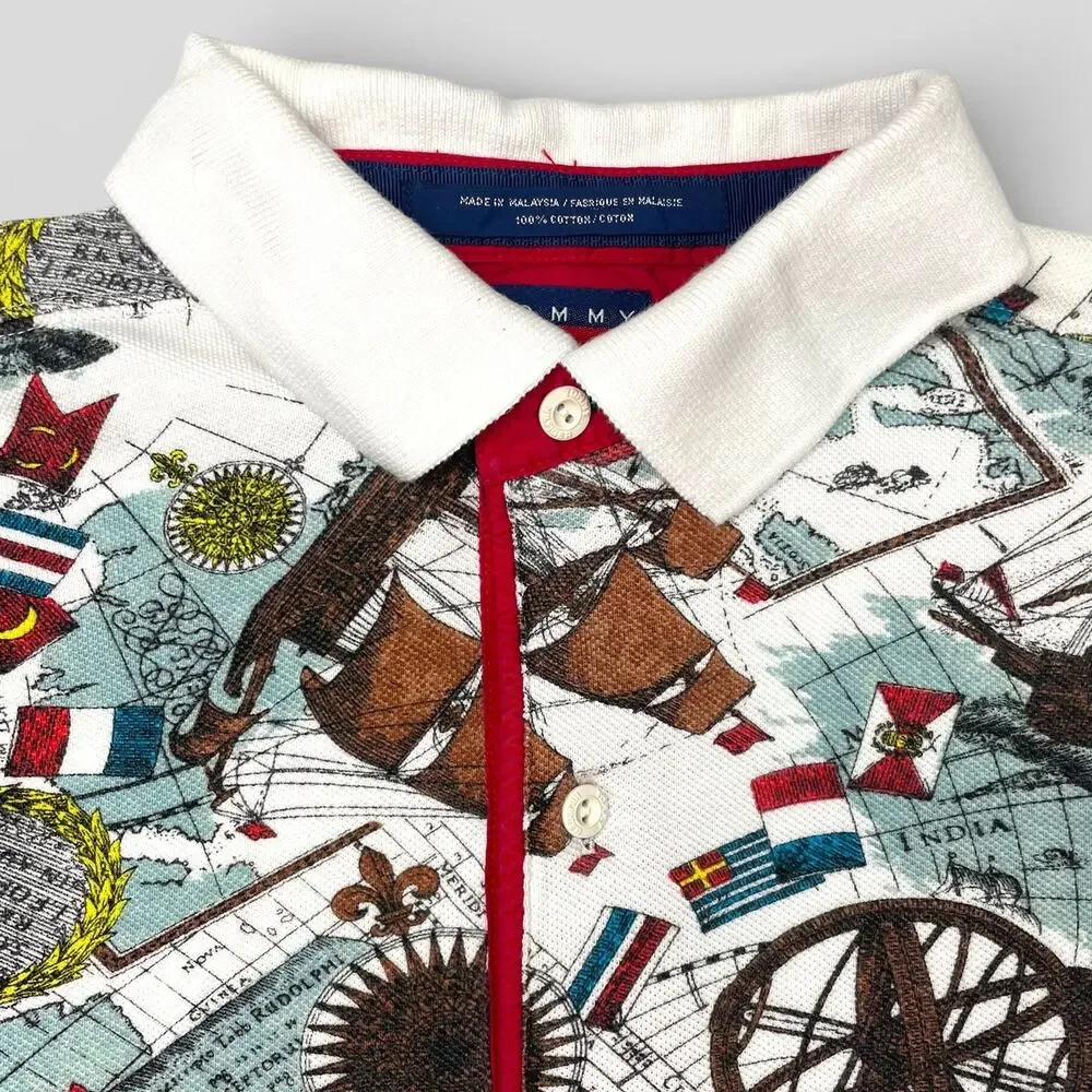 Vintage 90s Tommy Hilfiger Nautical Map AOP Polo Shirt Small S Sailboat - Picture 3 of 7